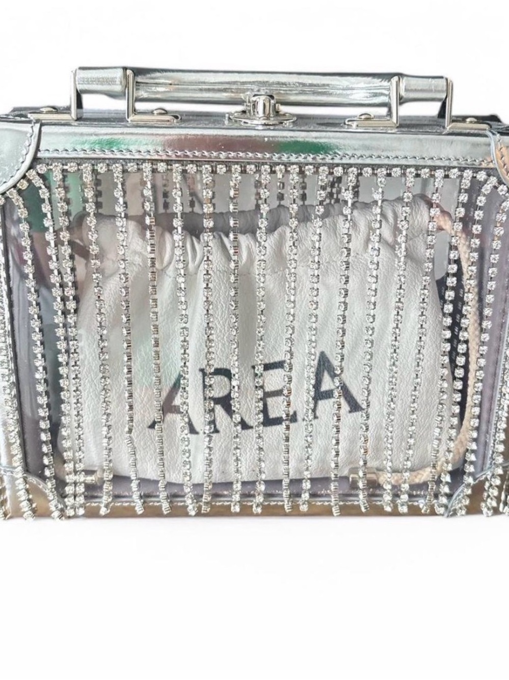 AREA Silver Crystal Fringe Box Clutch